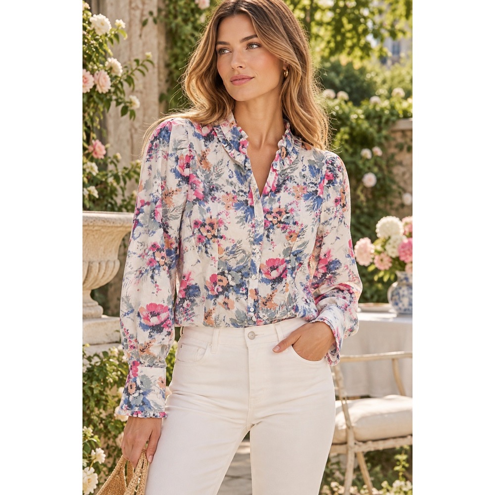 Love the Label NWT Watercolor Floral Ruffle Blouse Small Cotton Cottagecore